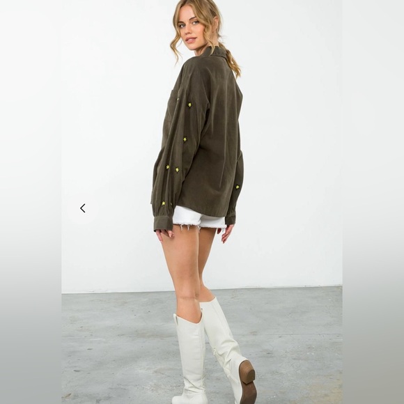 THML Olive Green Corduroy with Embroidered Stars Button Down Top Size Small - Picture 2 of 8